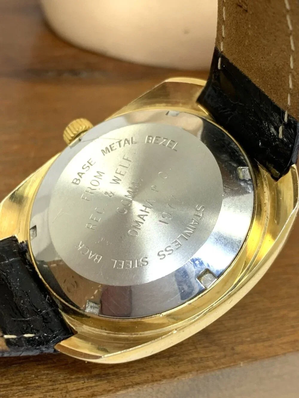 Wittnauer Men's Watch Vintage Swiss Automatic Gold Dial Day Date Leather Strap